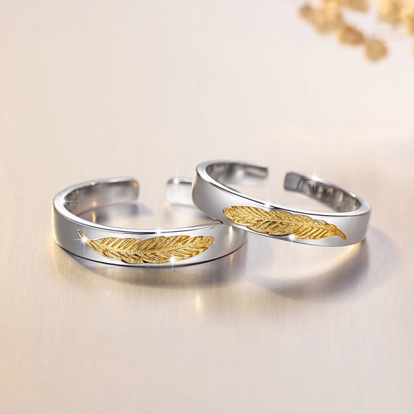 Engravable Feather Pattern Sterling Silver Adjustable Couple Rings