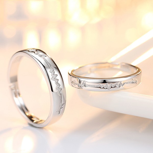 Engravable Frosted Heartbeat Adjustable Couple Rings in Sterling Silver