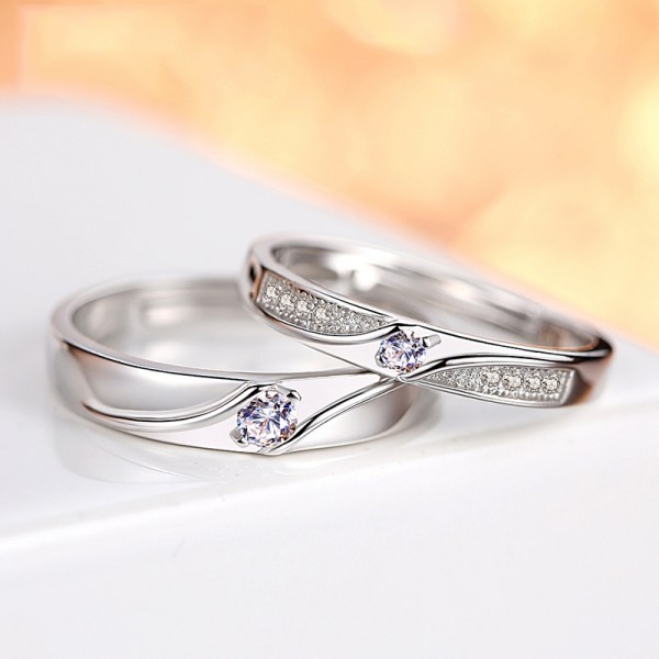 Engravable Round Cut Adjustable Couple Matching Rings in Sterling Silver