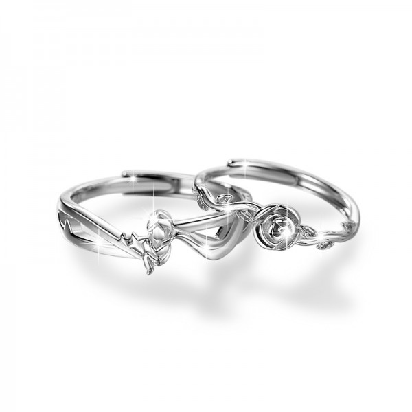 Engravable Prince and Rose Adjustable Couple Matching Rings in Sterling Silver
