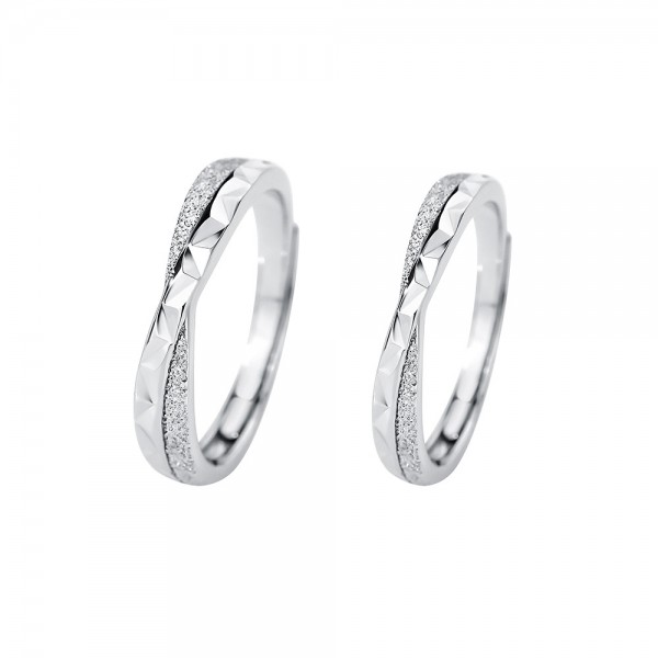 Engravable Rhombus Design with Frosted Strip Adjustable Couple Rings in Sterling Silver
