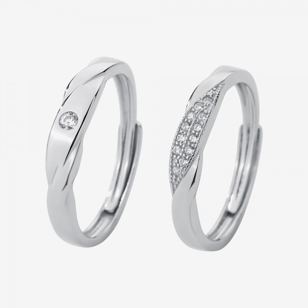 Engravable Ripple with Partly Frosted Adjustable Couple Rings in Sterling Silver
