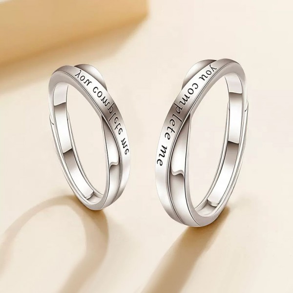 Adjustable You Complete Me Carved Couple Rings in Sterling Silver