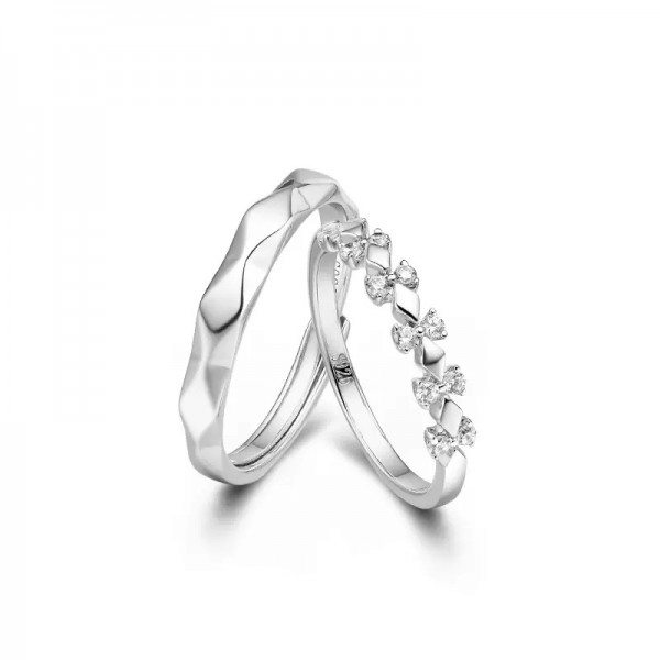 Engravable Rhombus Ripple Adjustable Couple Rings in Sterling Silver
