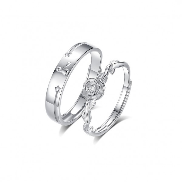 Engravable Rose Shaped Couple Matching Rings in Sterling Silver