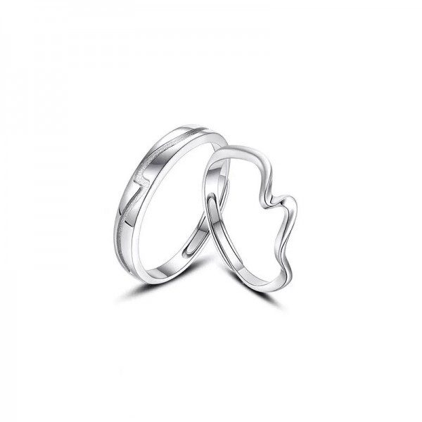 Engravable Heartbeat Shaped Couple Matching Rings in Sterling Silver
