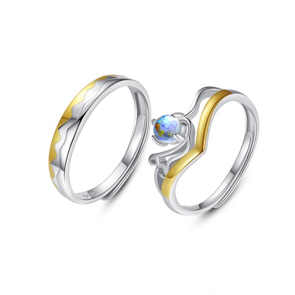Engravable Mountain and Ocean Shaped Couple Matching Rings in Sterling Silver