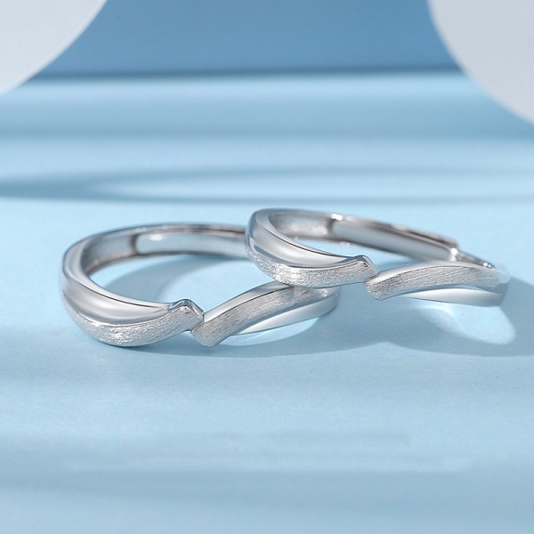 Engravable Frosted Cross Strip Couple Matching Rings in Sterling Silver