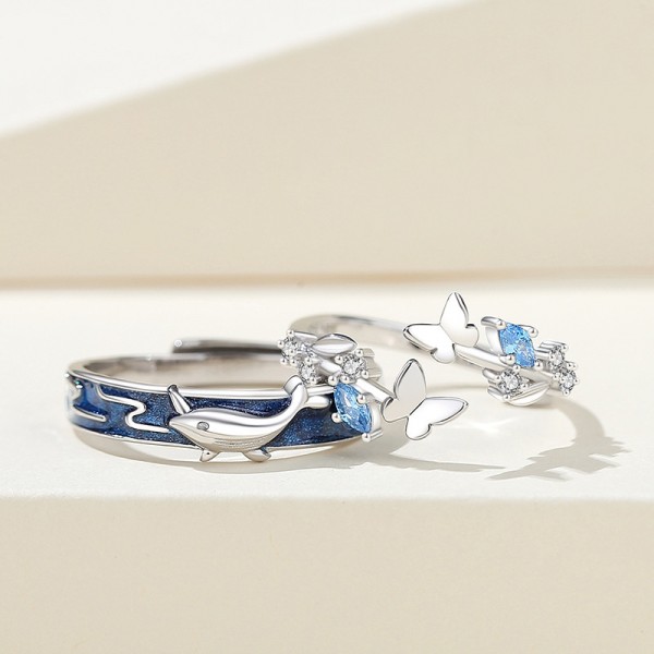 Inspired By Whale and Butterfly Sterling Silver Couple Matching Rings