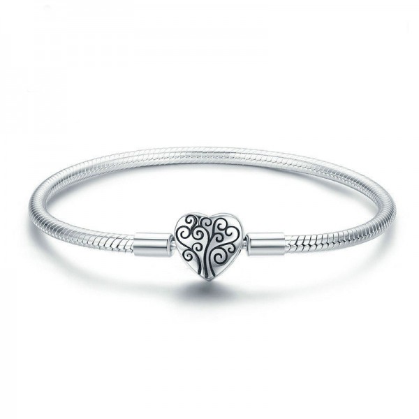 Family Tree Heart 925 Sterling Silver Snake Chain Bracelet for Women
