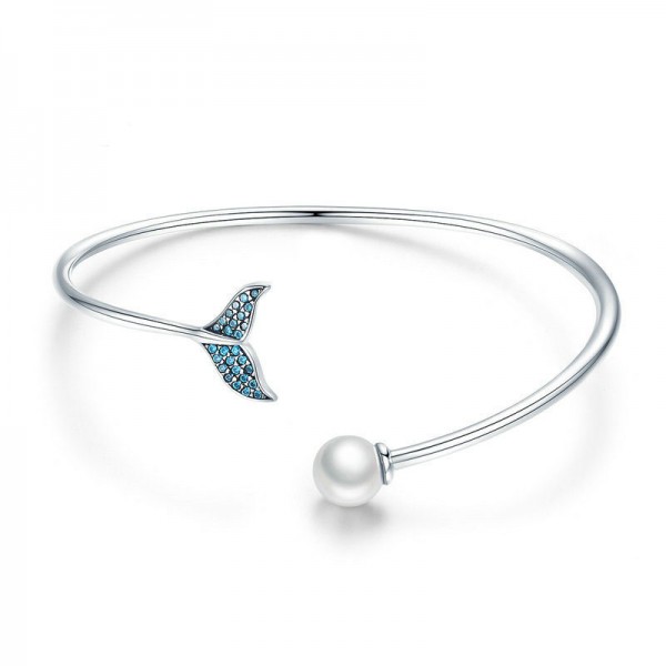 Blue Mermaid Tail Pearl 925 Sterling Silver Adjustable Bracelet for Women