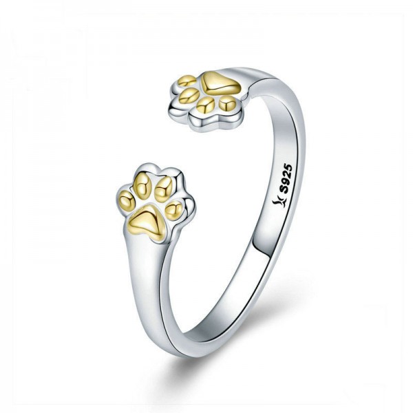 Golden Paw Print Cubic Zircons Adjustable 925 Sterling Silver Ring