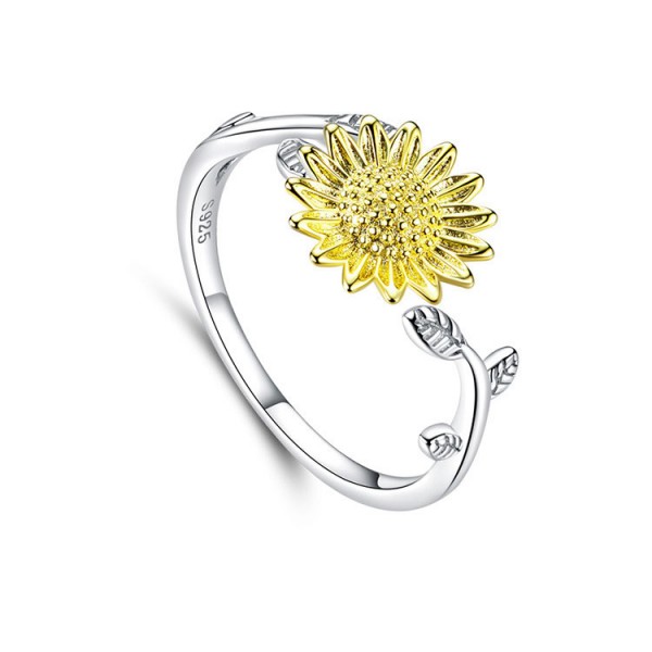 Golden Sunflower Adjustable 925 Sterling Silver Ring