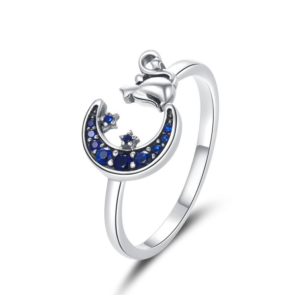Cat & Moon Blue Cubic Zircon 925 Sterling Silver Adjustable Ring