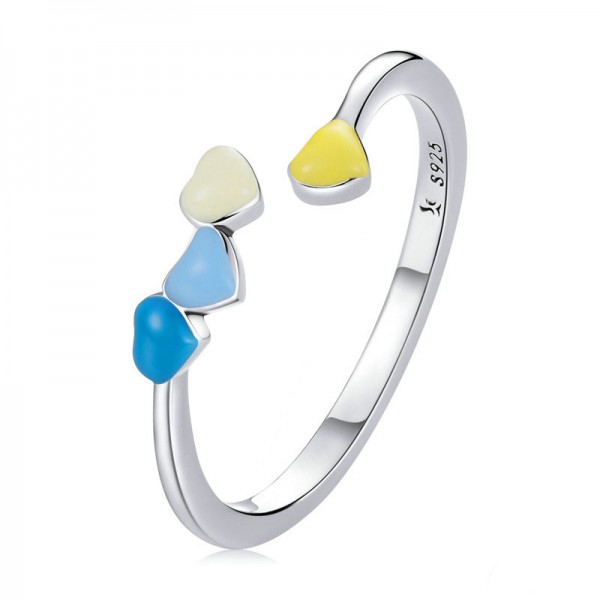 Multi-color Heart Enamel Process 925 Sterling Silver Adjustable Ring