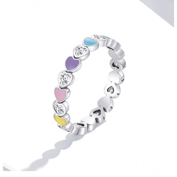 Multi-color Rainbow Heart Enamel Process 925 Sterling Silver Ring